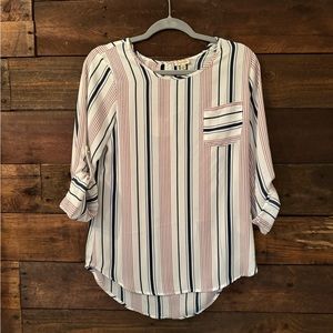 Brown and blue stripes on white blouse